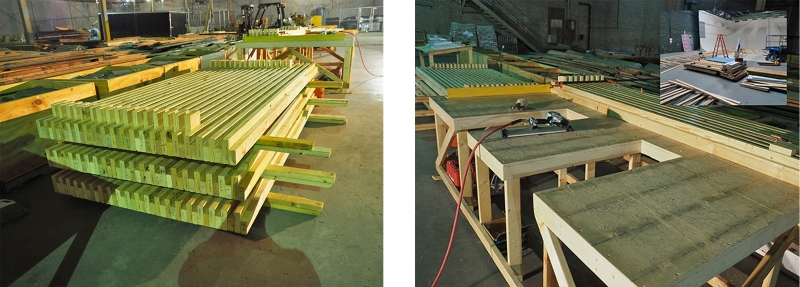 Figure 1. (left) Nail-laminated roof and floor decks are custom-manufactured at the storage warehouse. Decks are sized based on the span. The most typical size of a single deck is 6’x10’-6”.

Figure 2. (right) Workstation where the nail-laminated decks are being assembled. Inset shows the movie set source of the material.
